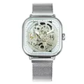 Forsining men's fashion silver skeleton automatic mechanical watch with mesh strap - Silver