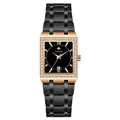 Elegante WWOOR Damen-Quarzuhr mit schwarzem Edelstahlarmband und funkelnder Strasslünette - Roségold Gehäuse Schwarzes Zifferblatt Schwarzes Armband