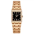 WWOOR Roségoldene rechteckige Damenuhr mit Kristalllünette und Stahlband - Roségoldenes Gehäuse Schwarzes Zifferblatt Roségoldenes Armband