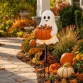 Solar powered Halloween ghost garden stake with pumpkin candy bucket for patio decor - Garden Courtyard Ghost Stake