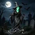 Vista macro de la luz verde dentro de una bruja de Halloween de resina para jardín - Bruja Estilo A