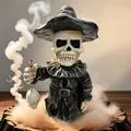 Macro view of Halloween skeleton wizard resin figurine with smoky atmosphere effect - White Belt Skull Buckle