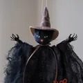 Decorative hanging Halloween witch cat doll featuring a black mesh cloak and brown hat - Black Cat Pendant / Black Cat