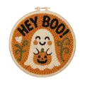 Close-up of Halloween ghost punch needle embroidery with "Hey Boo" text and hoop. - Hey Boo Ghost Pumpkin (Style H)