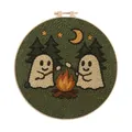 Detailed macro view of a Halloween ghost embroidery kit featuring ghosts and a campfire - Ghost Campfire Forest (Style J)