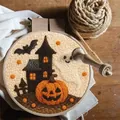 Halloween ghost and pumpkin punch needle embroidery kit in wooden hoop - Ghost Castle And Bats (Style C)