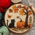 Exquisite handmade Halloween embroidery kit featuring a black cat and pumpkin design - Black Cat Pumpkin And Autumn Tree (Style D)