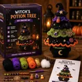 Comprehensive Halloween Witch's Potion Tree DIY crochet kit including colorful yarn and tools. - Halloween Tree Crochet Kit D
