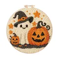 Handmade Halloween ghost and pumpkin punch needle embroidery kit in a wooden hoop - Ghost Pumpkin With Wizard Hat (Style A)