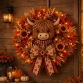 Dettaglio ghirlanda autunnale con mucca delle Highlands, foglie d'acero e luci LED - Mucca delle Highland / Con Luci LED