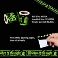 Halloween fluorescent night glow warning tape details showing dimensions and peeling action. - PVC Glow Model / 5*200cm