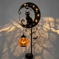 Halloween solar moon stake light with black cat and jack-o'-lantern decoration - Black Cat Moon Pumpkin With Bat