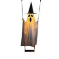 Detailed view of a large glowing hanging swing ghost with a black witch hat for Halloween - Hatted Swing Surprised Ghost / Two Battery Box Steady LED Light