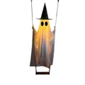 Luminous Halloween hanging ghost decoration on a wooden swing with black witch hat - Hatted Swing Double Eye Ghost / Two Battery Box Steady LED Light