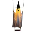 Hanging glowing Halloween ghost decoration with black witch hat on a wooden swing - Hatted Swing Three-Eye Cute Ghost / Two Battery Box Steady LED Light