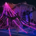 Halloween outdoor decoration with giant plush spider and purple LED light-up triangular web - Purple and Orange Glowing Web with 200cm Spider / 250 LEDs - Battery Box