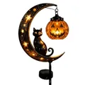 Detailed view of solar black cat on crescent moon with hanging pumpkin lantern - Black Cat Pumpkin Moon