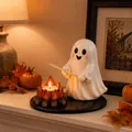 Niedlicher Halloween Geist Lagerfeuer Teelichthalter auf Kaminsims mit Kürbissen - Geist