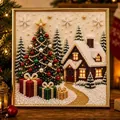 Nahaufnahme von Pearl Christmas Wall Art Kit in Goldrahmen mit festlicher Dekoration - Gemütliche Weihnachtshütte / 20x20cm Mit Rahmen