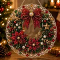 Detailed view of 5D diamond painting Christmas wreath with red bow and pearls. - Christmas Wreath Style (611.610) / 25x25cm