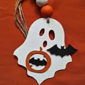 Detailed macro view of handcrafted wooden Halloween ghost ornament with pumpkin and bats - Ghost Pendant-Style D / Ghost Pendant-3D Pumpkin Style