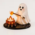Nahaufnahme von Halloween-Geist Lagerfeuer-Teelichthalter Ornament aus weißer Keramik - Geist Mit Lagerfeuer / Kerzenhalter