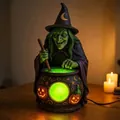 Detailed view of Halloween Witch Lamp with glowing green cauldron and pumpkin motifs - Spooky Witch B