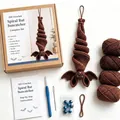 Complete DIY crochet bat wind spinner kit featuring brown yarn and essential craft tools - Crochet Bat Wind Spinner / DIY Material Kit / Brown