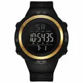 Close-up of men's digital sports watch with gold-tone bezel and luminous display - Gold