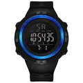 Front view of a black digital sports watch with blue bezel and luminous display - Blue