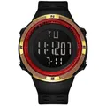 Close-up of a men's black digital sports watch with gold and red bezel - Gold Red