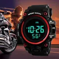 Close-up detail of a rugged waterproof digital sports watch with LED display and red bezel - Red
