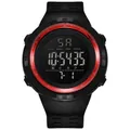 Close-up front view of a black digital sports watch for men with a red accent bezel - Red