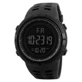 Detailed close-up view of black digital sports watch with date and alarm display - Black
