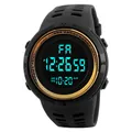 Detailed view of the black large dial digital sports watch with blue luminous display. - Gold