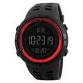 Detailed macro view of black digital sports watch with red ring and alarm display - Red