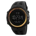 Detailed view of a black digital sports watch with gold bezel and multifunction display - Electronic Watch / Gold