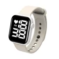Close-up of LED digital touch screen watch with off-white silicone strap - White