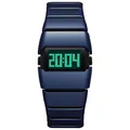 Vista frontale di orologio digitale minimalista stile Y2K con display LED verde luminoso - Blu