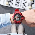 Close-up of red camouflage digital sports watch worn on wrist with outdoor vibes - Camo Red