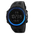 Detailed view of men's digital sports watch with large display and blue inner ring - Blue