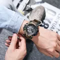 Detailed view of a rugged camouflage digital sports watch for men worn on a wrist - Camo Coffee