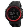 Close-up detail of a men's rugged sports digital watch with large LCD and red ring - Red