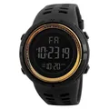 Close-up of black men's digital sports watch with large display and golden bezel - Gold
