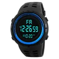 Black digital sports watch with large LED display and blue accents - Blue