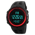 Men's sports digital watch with negative display and red accent on large black dial - Red