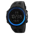 Professional mens black digital sports watch with blue bezel and multifunctional alarm - Blue