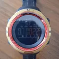 Men's multi-functional digital sports watch with gold-red bezel and black rubber strap - Gold Red