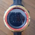 Rugged black digital sports watch with gold textured bezel and red inner ring - Gold Red