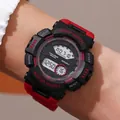 Montre de sport numérique multifonctionnelle étanche avec un design rouge et noir - Rouge